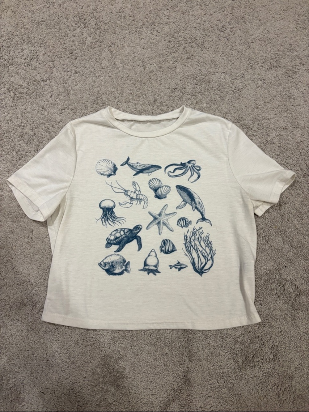 SHEIN Cream Crop Top with Blue Marine Print